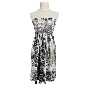 CristinaLove Womens Strapless Smocked Midi Dress Black White Sage Damask Fringe